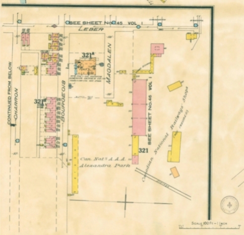 Plan montrant l'Alexandra Park au bout de la rue Sainte-Madeleine (Magdalen) en 1926. Insurance plan of city of Montreal, Quebec, Canada, volume IV, Underwriters' Survey Bureau